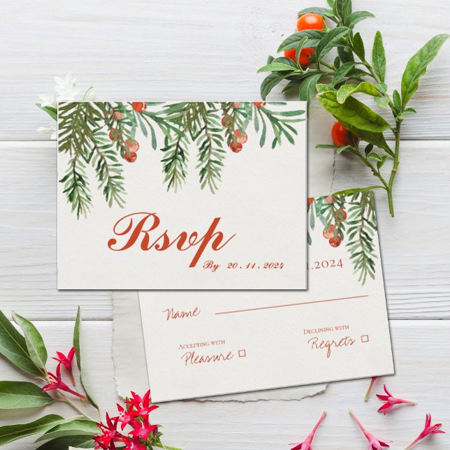 Carte Postale Festive Red Berries Noël Mariage RSVP (Festive Red Berries Christmas Wedding RSVP Postcard)