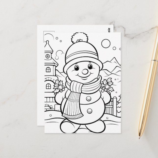 Carte Postale Festive Snowman enfants coloration (Devant/Arrière en situation)
