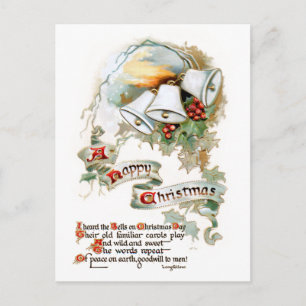 Carte Postale Festive Vintage Christmas Text, Bells and Holly