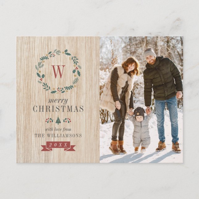 Carte Postale Festive Wreath & Christmas Photo | Monogramme en b (Devant)
