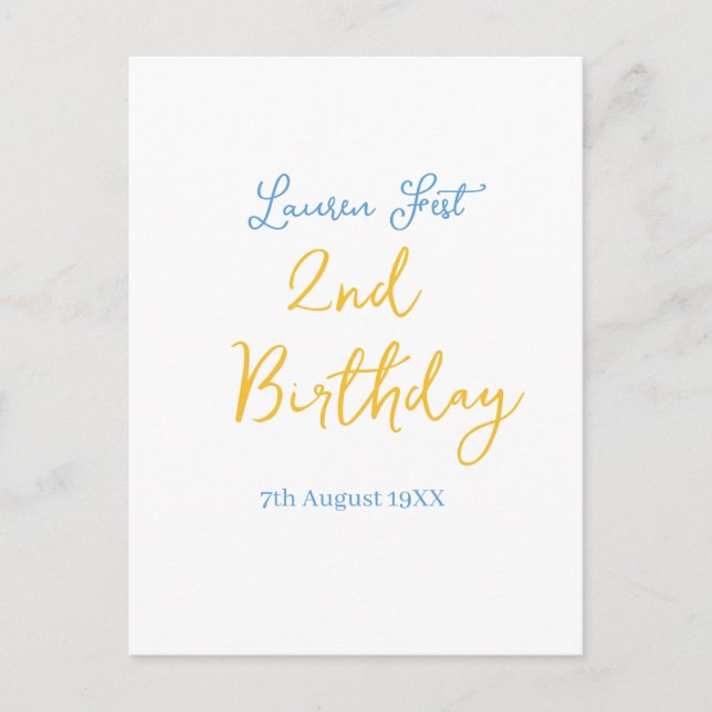Carte Postale fête 2e anniversaire nom date jaune bleu boho enfa (Devant)