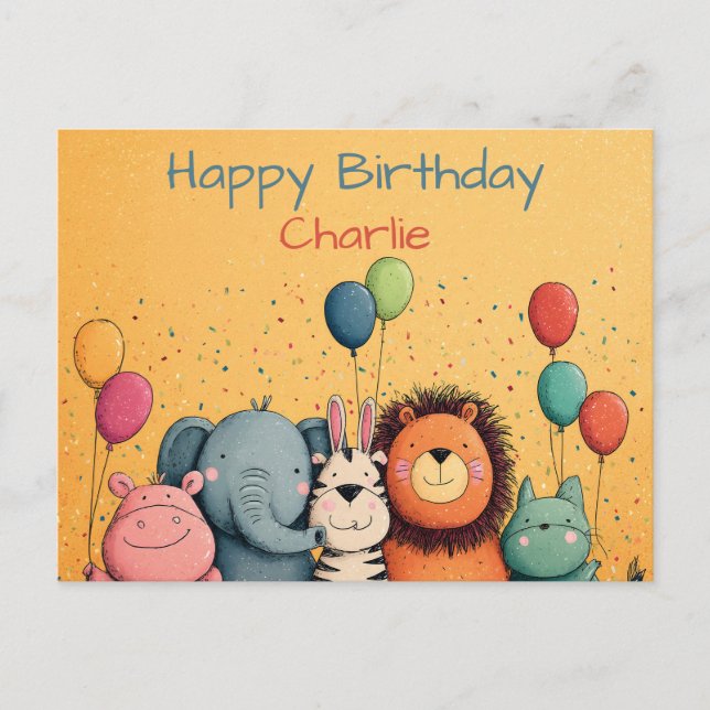 Carte Postale Fête d'animaux de zoo mignons avec ballons et conf (Devant)