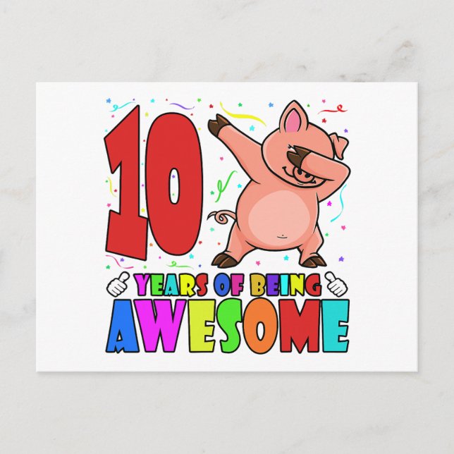 Carte Postale Fête d'anniversaire 10 ans avec cochon qui dab - 1 (Devant)