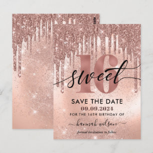 Carte Postale Fête d'anniversaire 16 ans Rose Gold Save The Date
