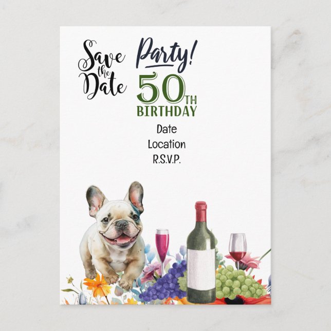 Carte Postale Fête d'anniversaire 50 ans avec un bouledogue fran (Devant)