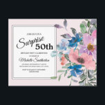Carte Postale Fête d'anniversaire 50 ans thème floral aquarelle<br><div class="desc">Carton d'invitation pour une fête d'anniversaire 50 ans surprise élégante et botanique avec de belles fleurs aquarelles rose,  violet et bleu sur fond rose.</div>