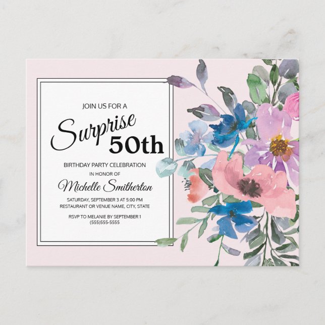 Carte Postale Fête d'anniversaire 50 ans thème floral aquarelle  (Devant)
