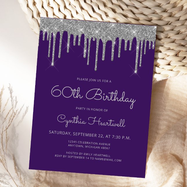 Carte Postale Fête d'anniversaire 60 ans Purple Silver Glitter D (Créateur téléchargé)