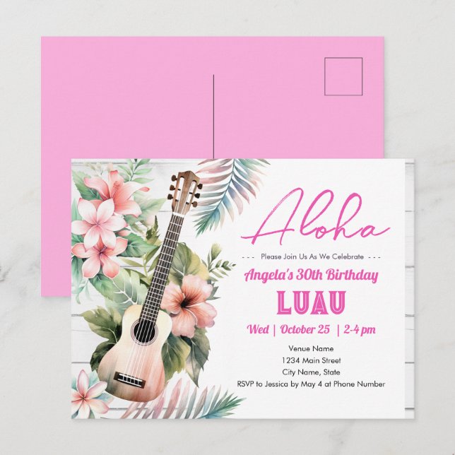 Carte Postale Fête d'anniversaire adulte ukulele Aloha Luau (Devant / Derrière)