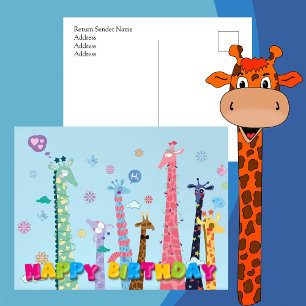 Carte Postale Fête d'anniversaire avec des girafes arc-en-ciel