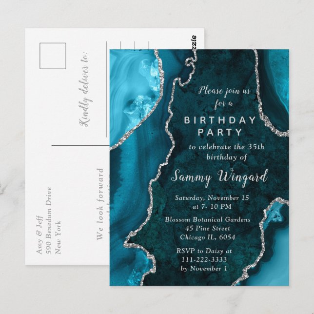 Carte Postale Fête d'anniversaire avec marbre bleu sarcelle et a (Devant / Derrière)