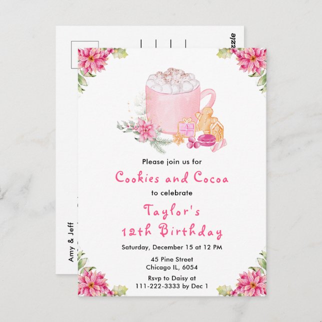 Carte Postale Fête d'anniversaire biscuits de Noël et cacao rose (Devant / Derrière)