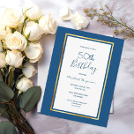 Carte Postale fête d'anniversaire bleu blanc or simple invitatio<br><div class="desc">Sur le devant : Un arrière - plan bleu classique avec un faux cadre doré et blanc. Simple et élégant ! Modèles pour un nom et les détails de la fête. Le nom et le texte : 50ème anniversaire (ou n'importe quel âge) sont écrits avec un script de style écrit...</div>