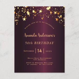 Carte Postale fête d'anniversaire bourgogne or étoiles glam