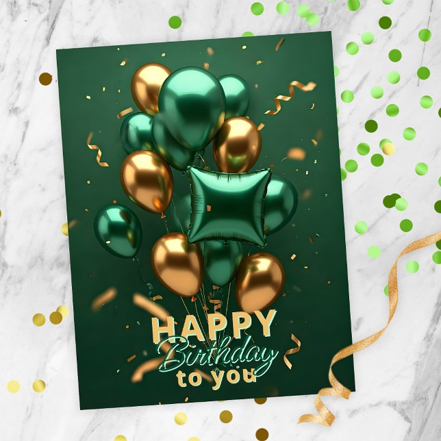 Carte Postale Fête d'anniversaire branchée du ballon vert et or (Créateur téléchargé)