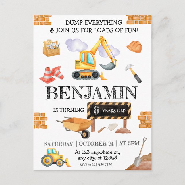 Carte Postale Fête d'anniversaire Camion à benne et pelleteuse d (Devant)