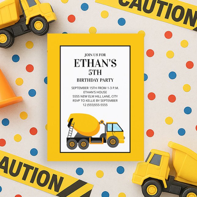 Carte Postale Fête d'anniversaire Camion à ciment jaune (Yellow cement mixer 5th birthday party invitation)