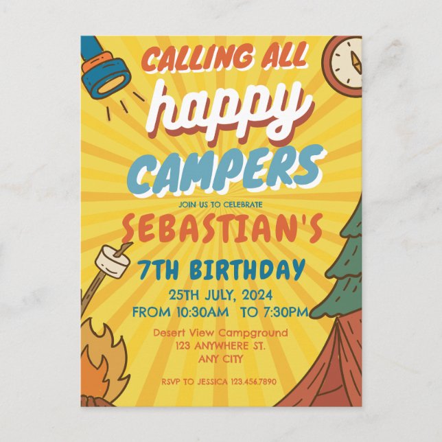 Carte Postale Fête d'anniversaire camping pour enfants modernes (Devant)