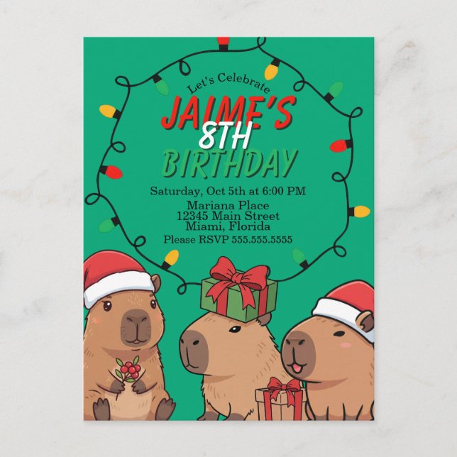 Carte Postale Fête d'anniversaire Capybara Lumières de Noël  (Devant)
