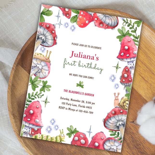 Carte Postale Fête d'anniversaire Champignon Aquarelle Forêt de  (Woodland Forest Watercolor Mushroom Birthday Party Postcard)