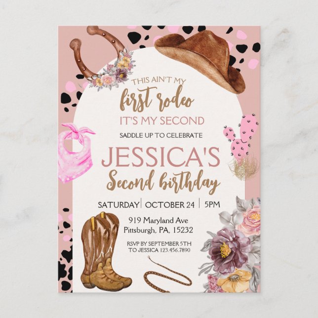 Carte Postale Fête d'anniversaire Cowgirl Rose 2ème Rodéo Budget (Devant)