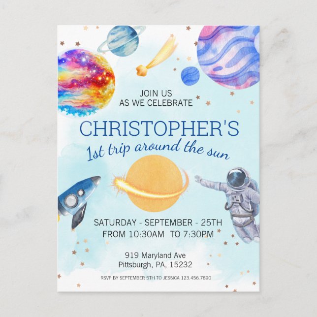 Carte Postale Fête d'anniversaire d'astronaute garçon dans l'esp (Devant)