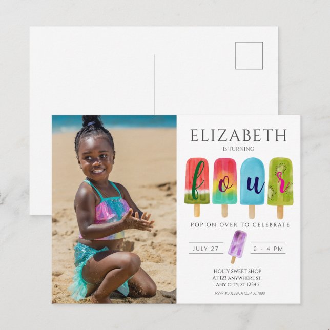 Carte Postale Fête d'anniversaire de 4 ans pour fille aux popsic (Devant / Derrière)