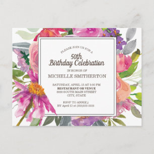 Carte Postale Fête d'anniversaire de 50 ans aux fleurs aquarelle