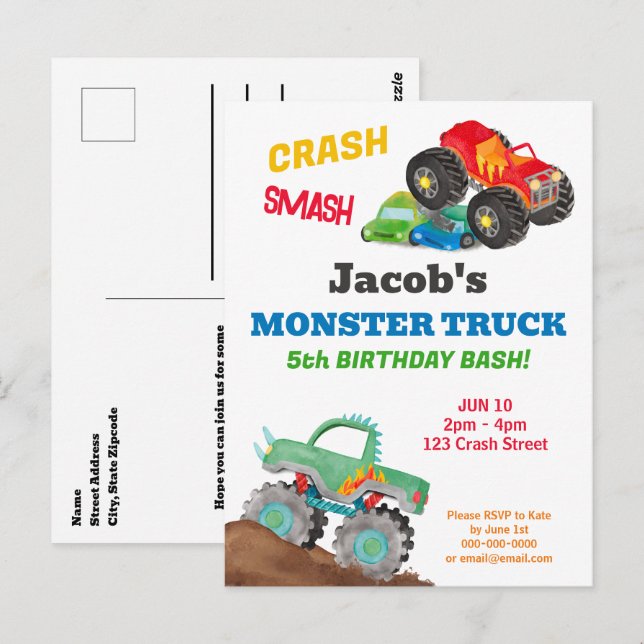 Carte Postale Fête d'anniversaire de camion monstre Crash Smash  (Devant / Derrière)