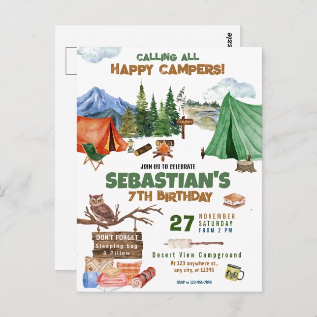 Carte Postale Fête d'anniversaire de camping enfants modernes (Devant / Derrière)
