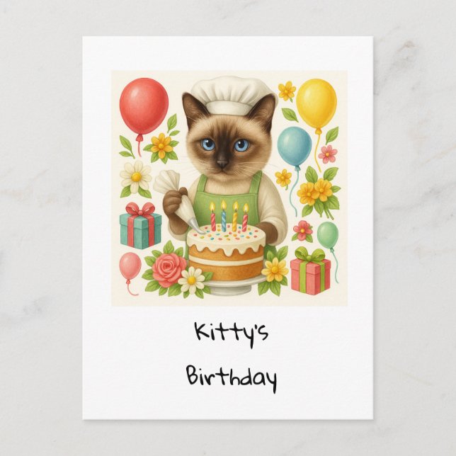 Carte Postale Fête d'anniversaire de chat avec gâteau  (Devant)