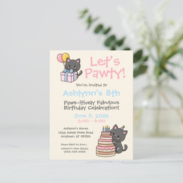 Carte Postale Fête d'anniversaire de chat noir mignon kawaii (Debout devant)