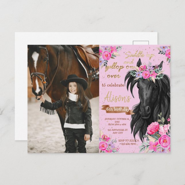 Carte Postale Fête d'anniversaire de cheval Cowgirl Fleur rose A (Devant / Derrière)