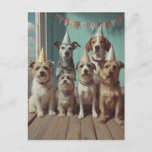 Carte Postale Fête d'anniversaire de chiens avec des chapeaux de (Devant)