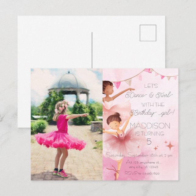 Carte Postale Fête d'anniversaire de danse et de pirouette de ba (Devant / Derrière)