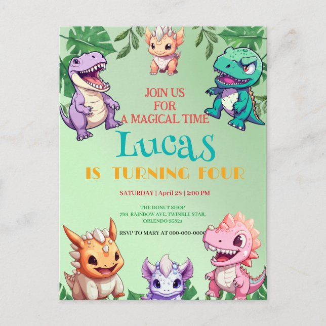 Carte Postale Fête d'anniversaire de dinosaure jungle pour enfan (Devant)
