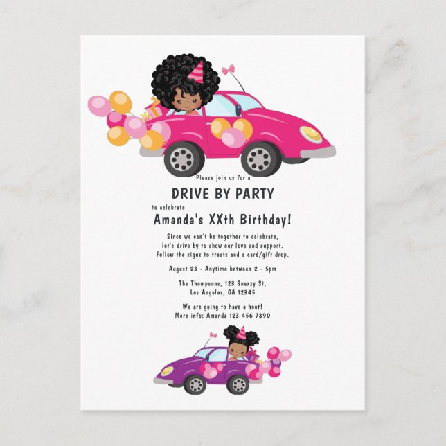 Carte Postale Fête d'anniversaire de fille en voiture rigolote (Devant)