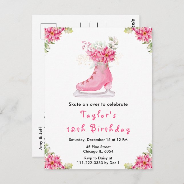 Carte Postale Fête d'anniversaire de patinage sur glace rose (Devant / Derrière)