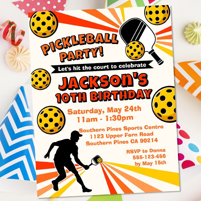 Carte Postale Fête d'anniversaire de Pickleball Joueurs Rétro Vi (Pickleball Postcard Invitation - Orange/Yellow)