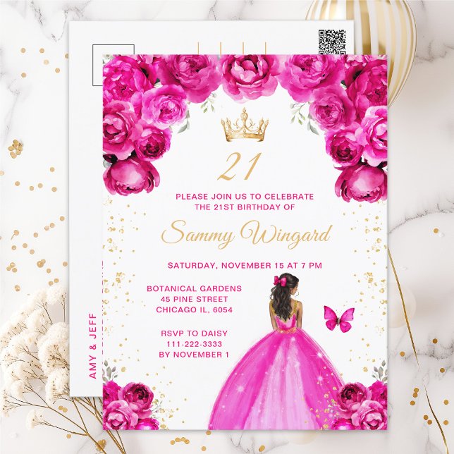 Carte Postale Fête d'anniversaire de princesse à peau foncée ros (Créateur téléchargé)
