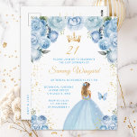 Carte Postale Fête d'anniversaire de princesse aux cheveux blond<br><div class="desc">Cette invitation de fête d'anniversaire élégante et glamour présente une belle princesse aux cheveux blonds dans une robe de bal bleu clair. Le texte combine une écriture manuscrite et des polices sans empattement modernes pour un look classe et sophistiqué. Les arrangements floraux, le papillon et les confettis dorés créent le...</div>