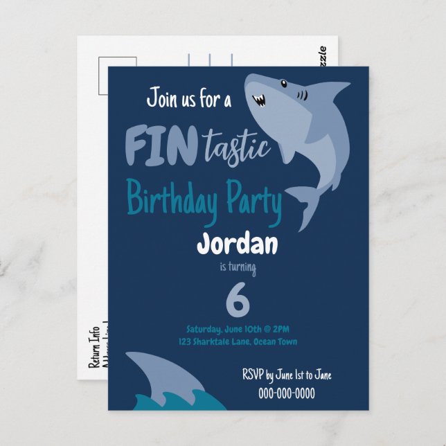 Carte Postale Fête d'anniversaire de requin Fin-tastic Enfants s (Devant / Derrière)