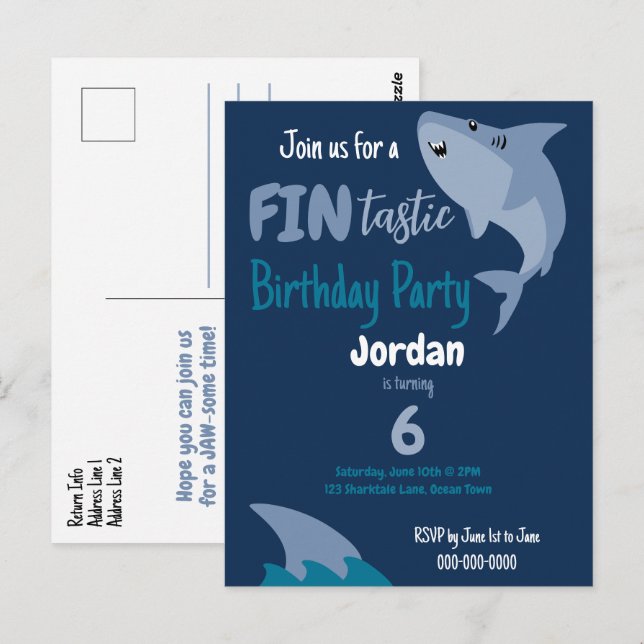 Carte Postale Fête d'anniversaire de requin fin-tastique des enf (Devant / Derrière)