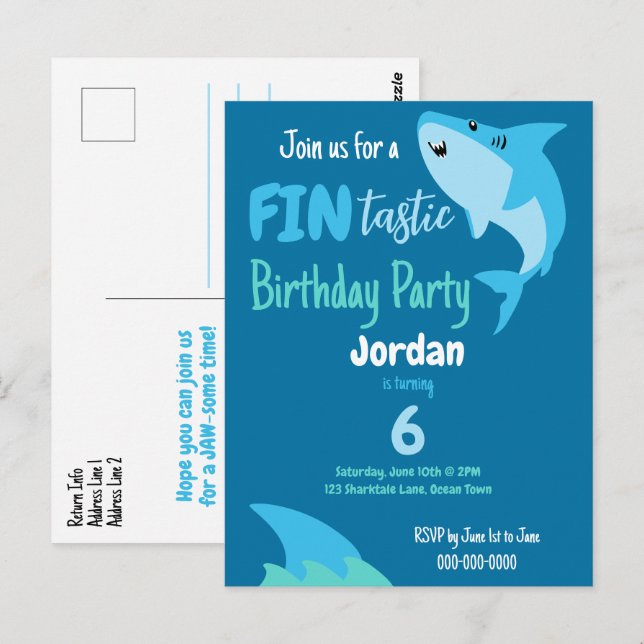 Carte Postale Fête d'anniversaire de requin fin-tastique des enf (Devant / Derrière)