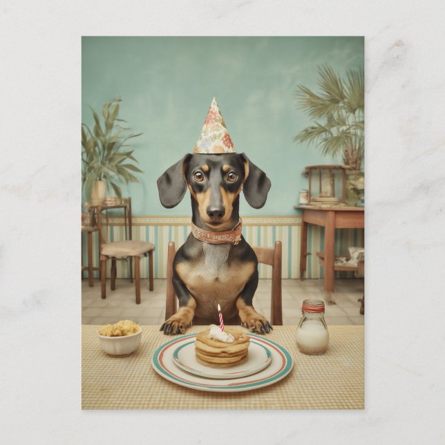 Carte Postale Fête d'anniversaire de teckel avec crêpes (Devant)