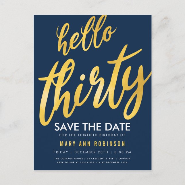 Carte Postale Fête d'anniversaire de trente ans Navy Or Save Dat (Devant)