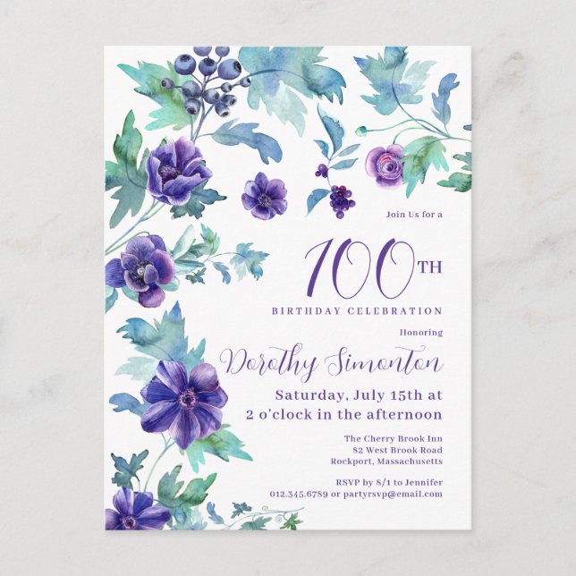 Carte Postale Fête d'anniversaire des 100 ans aux fleurs botaniq (Devant)