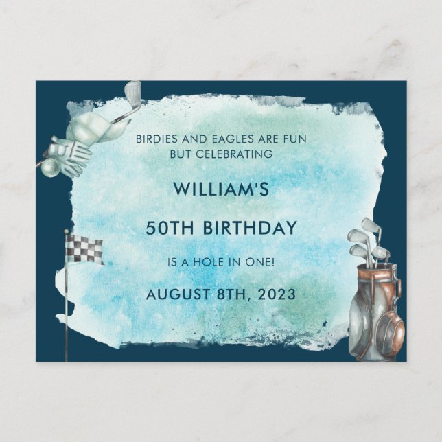 Carte Postale Fête d'anniversaire des 50 ans de golf aquarelle (Devant)