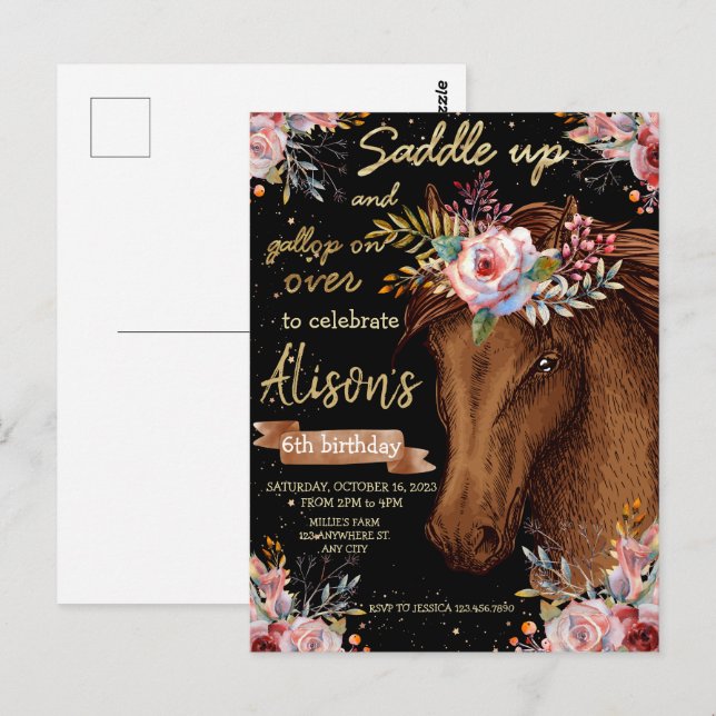 Carte Postale Fête d'anniversaire du cheval à l'aquarelle (Devant / Derrière)