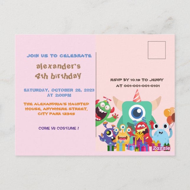 CARTE POSTALE FÊTE D'ANNIVERSAIRE ENFANTS MONSTRE  (Dos)